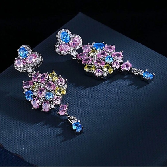 Blue Pink Topaz Citrine Zircon Dangle Earrings Wedding Bridal Anniversary - Picture 3 of 5